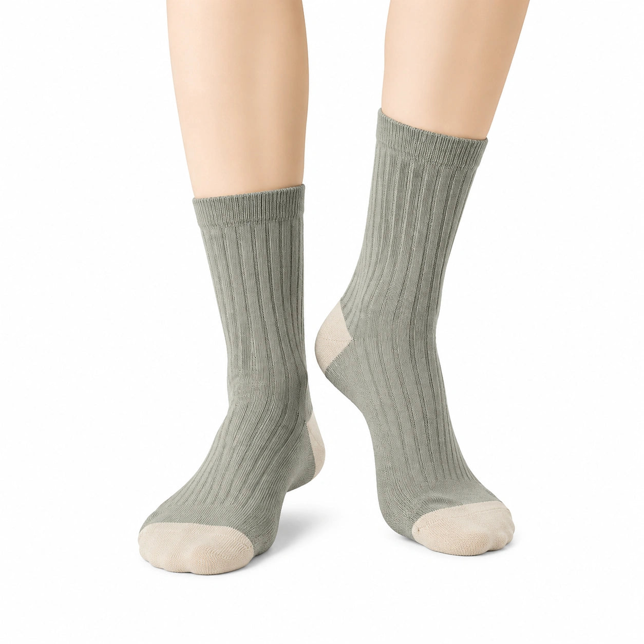 Calze a coste 39-42 in maglia verde salvia e beige - lunghezza media per uso quotidiano