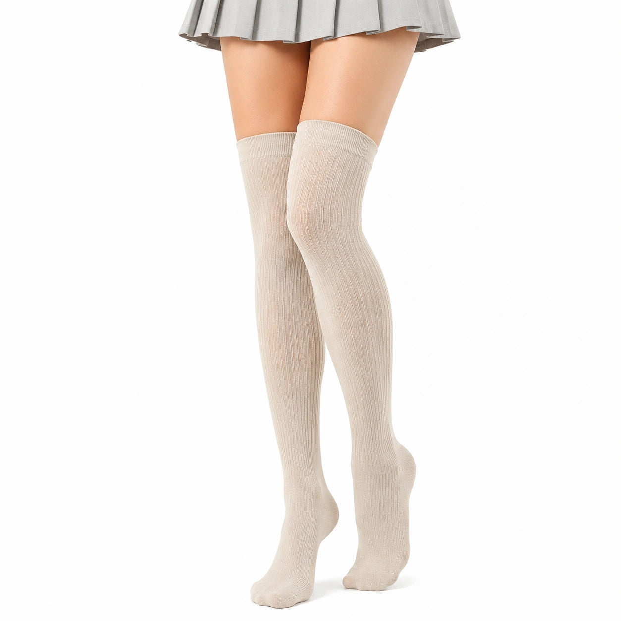 Calze sopra il ginocchio 35-38 in maglia a coste beige - stile classico