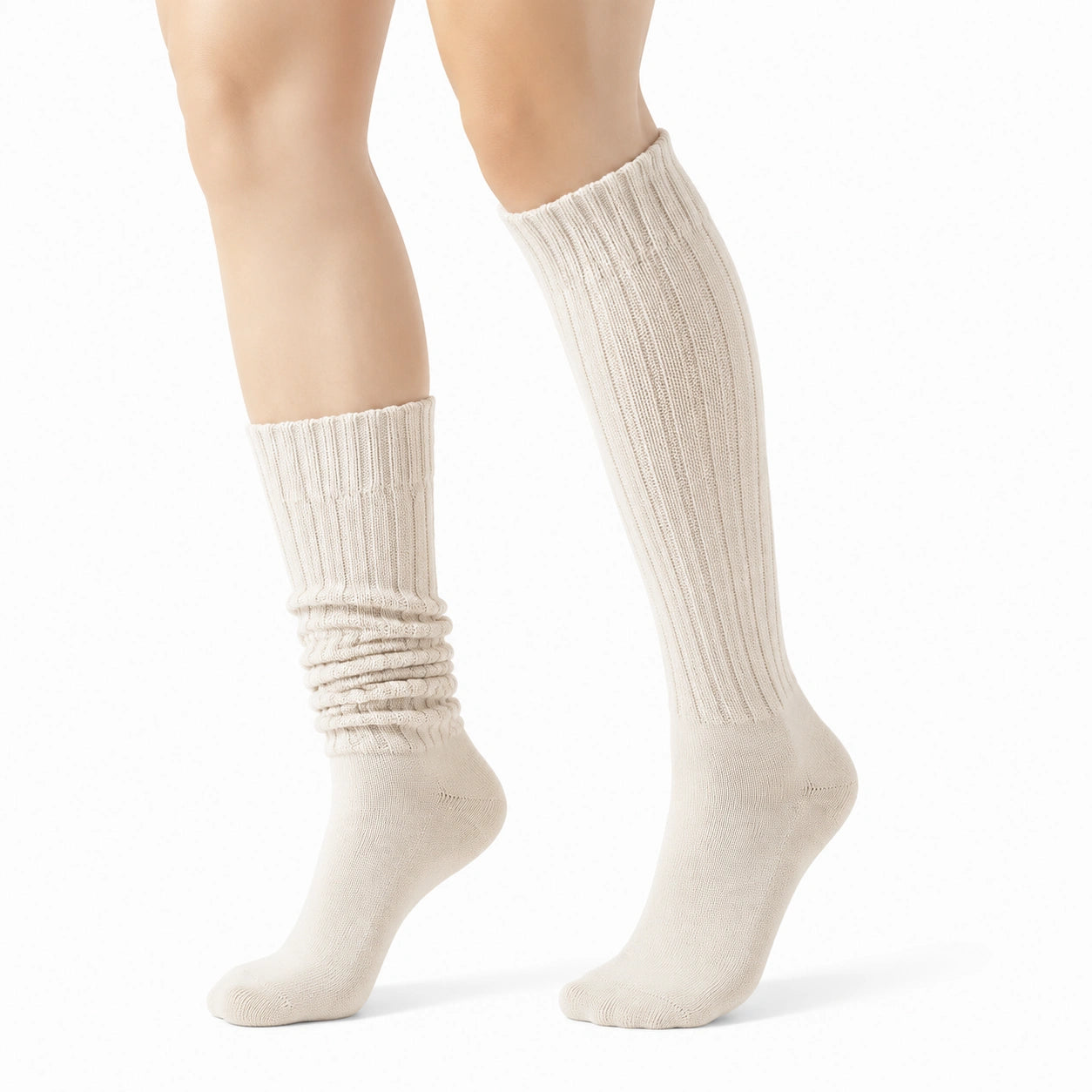 Calze al ginocchio 35-38 in maglia color crema a coste per uso quotidiano stile arricciato